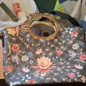 Floral Print Tote with Gold Hex Handle - Black Multi